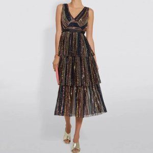 Self-Portrait Tiered Striped Sequin Midi Dress - Size US 4, UK 8